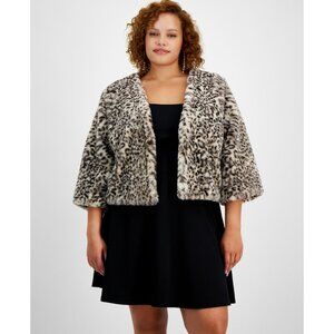 BCX Trendy Plus Size 1X Animal Print Open-Front Faux Fur Shrug Beige Black